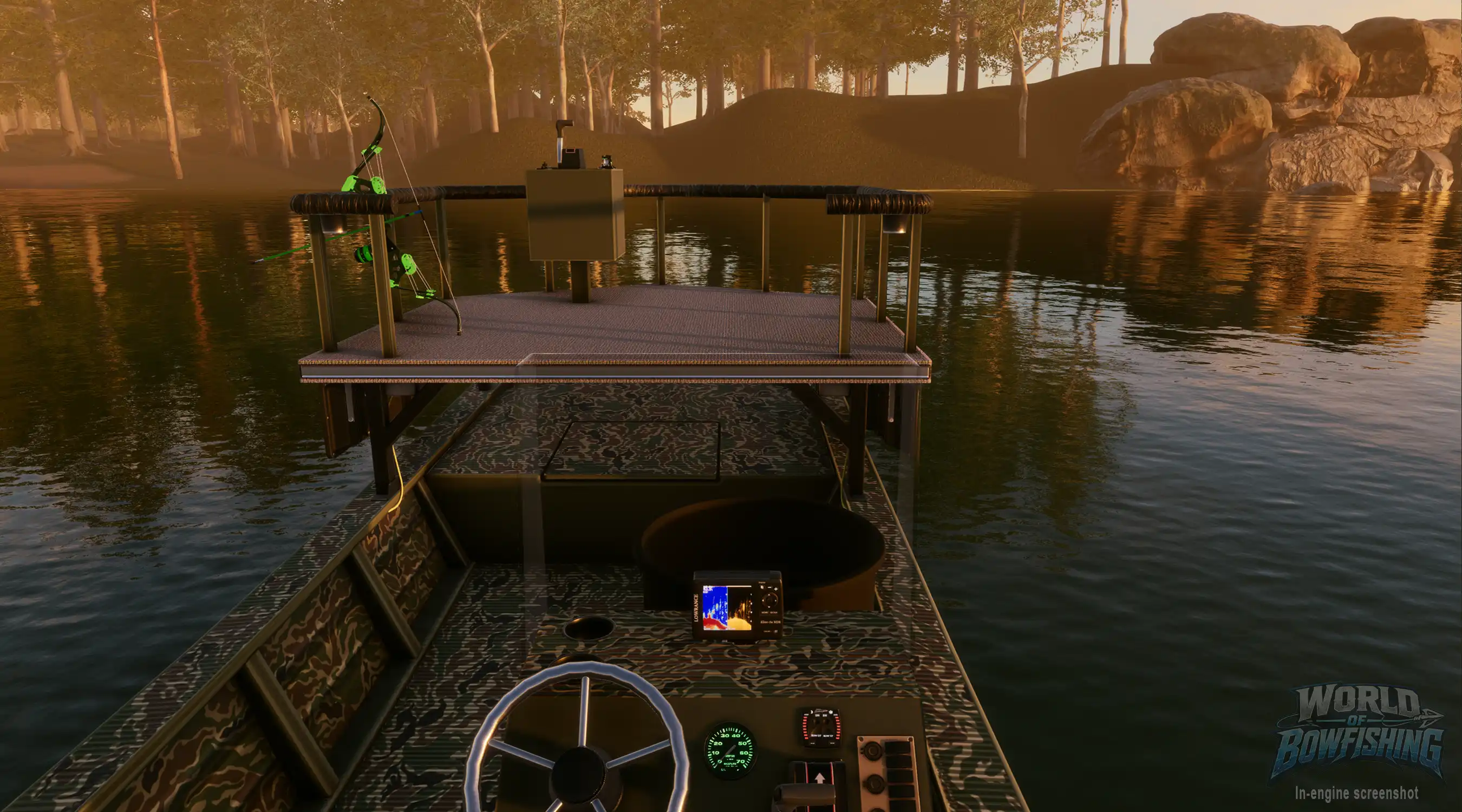 World of Bowfishing in-engine screenshot of a bowfishing boat deck with a mounted bow